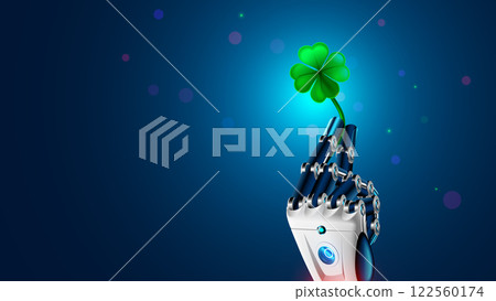 AI robot hand holds a four-leaf clover, symbol of good luck. Online bot brings good luck on betting, gambling and trading exchanges. Four leaf clover in arm humanoid cyborg or ai robot. internet bot. AI robot hand holds a four-leaf clover, symbol of good luck. Online bot brings good luck on betting, gambling and trading exchanges. Four leaf clover in arm humanoid cyborg or ai robot. internet bot. 122560174