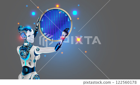 AI robot hold semiconductor wafer on factory. Robot woman with artificial intelligence or AI on electronics semiconductor chip factory. Silicon wafer. AI robot technology in industrial revolution. AI robot hold semiconductor wafer on factory. Robot woman with artificial intelligence or AI on electronics semiconductor chip factory. Silicon wafer. AI robot technology in industrial revolution. 122560178