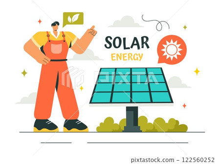 Solar Energy Installation Vector Illustration featuring a Home Service Team Maintaining Solar Panel or Wind Turbines for Electricity Network Operation Solar Energy Installation Vector Illustration featuring a Home Service Team Maintaining Solar Panel or Wind Turbines for Electricity Network Operation 122560252