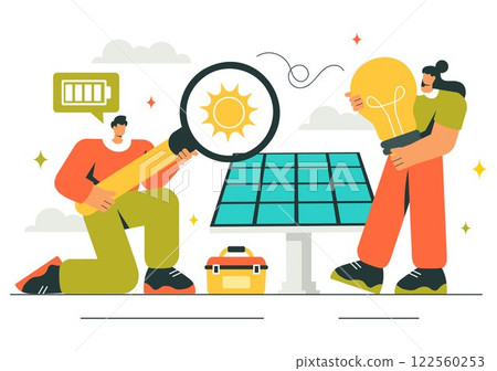 Solar Energy Installation Vector Illustration featuring a Home Service Team Maintaining Solar Panel or Wind Turbines for Electricity Network Operation 122560253