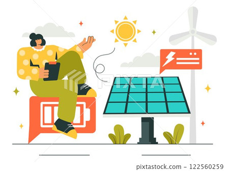 Solar Energy Installation Vector Illustration featuring a Home Service Team Maintaining Solar Panel or Wind Turbines for Electricity Network Operation 122560259