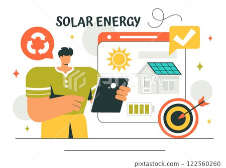 Solar Energy Installation Vector Illustration featuring a Home Service Team Maintaining Solar Panel or Wind Turbines for Electricity Network Operation 122560260