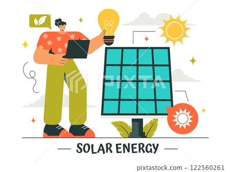 Solar Energy Installation Vector Illustration featuring a Home Service Team Maintaining Solar Panel or Wind Turbines for Electricity Network Operation 122560261