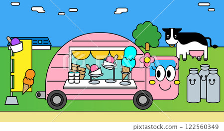 A natural background with a food truck, a cute cow and an ice cream sign 122560349