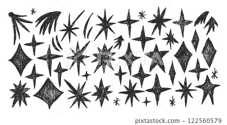 Crayon drawn sparkle stars set. Space shine shapes and blings doodle pack. Comets , twinkle and blinking. Vector charcoal handdrawn monochrome scribble illustration isolated on white background. Crayon drawn sparkle stars set. Space shine shapes and blings doodle pack. Comets , twinkle and blinking. Vector charcoal handdrawn monochrome scribble illustration isolated on white background. 122560579