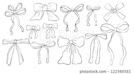 Crayon bow, ribbon set. Chalk drawing bands. Line stroke coquette aesthetic bowknots. Vector illustration isolated on white background. 122560581