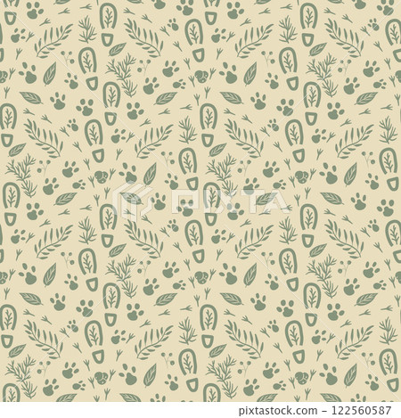 Woodland seamless pattern. Forest endless background. earthy repeat cover. Beige and green continuous ornament. Surface pattern design motif. Vector hand drawn illustration. 122560587