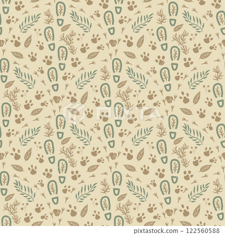 Woodland seamless pattern. Forest endless background. Folk repeat cover. Vector hand drawn illustration. 122560588