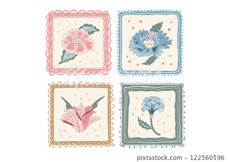 Floral square badge elements. Flowers isolated on white background. Vector hand drawn line art illustration Floral square badge elements. Flowers isolated on white background. Vector hand drawn line art illustration 122560596