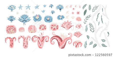 Floral elements. Flowers and leaves isolated on white background. Vector hand drawn line art illustration Floral elements. Flowers and leaves isolated on white background. Vector hand drawn line art illustration 122560597