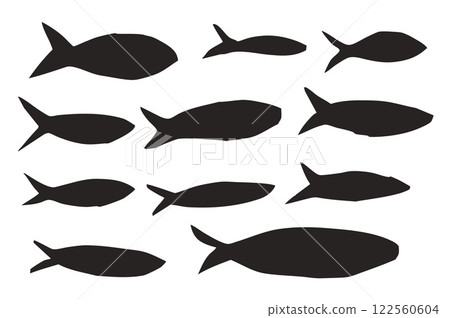 Fish set. Sardines school collection. Salmon silhouettes. Undersea animals. Vector hand drawn cutout collage elements illustration 122560604