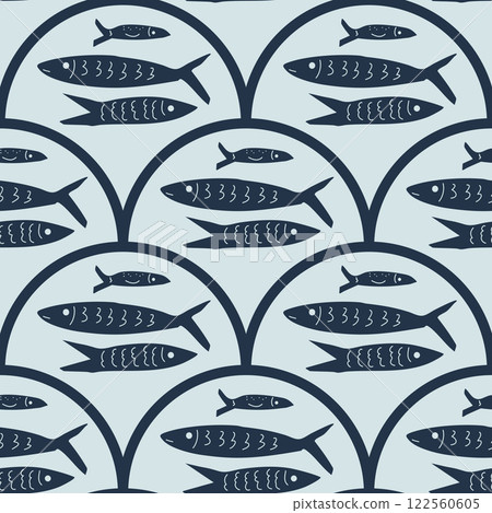 Fish scallop seamless pattern. Sardine stamp allover background. Anchovy repeat cover. Scandinavian stamp continuous ornament. Surface pattern design sea motif. Vector hand drawn illustration Fish scallop seamless pattern. Sardine stamp allover background. Anchovy repeat cover. Scandinavian stamp continuous ornament. Surface pattern design sea motif. Vector hand drawn illustration 122560605