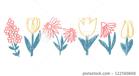 Flowers and leaves crayon drawn set. Spring tulip, daisy, chamomile and marguerite plants doodle. Vector naive pencil illustration isolated on white background. Flowers and leaves crayon drawn set. Spring tulip, daisy, chamomile and marguerite plants doodle. Vector naive pencil illustration isolated on white background. 122560608