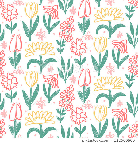 Flowers crayon drawn seamless pattern. Colorful floral allover background. larkspur, tulip and daisy stylized botany repeat cover. Surface pattern design spring motif. Vector hand drawn illustration Flowers crayon drawn seamless pattern. Colorful floral allover background. larkspur, tulip and daisy stylized botany repeat cover. Surface pattern design spring motif. Vector hand drawn illustration 122560609