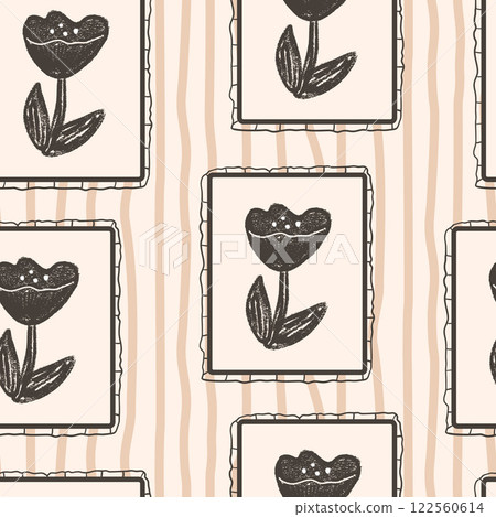Poppy flowers seamless pattern. Linocut floral stencil on vintage frames allover background. Blocks marker drawn repeat cover. Vector hand drawn monochrome spring motif 122560614