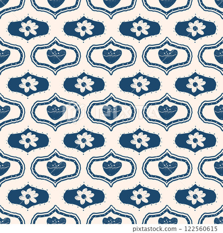 Flowers seamless pattern. Damask floral stencil allover background. Ogee poppy and daisy crayon drawn repeat cover. Surface pattern design spring motif. Vector hand drawn monochrome illustration 122560615