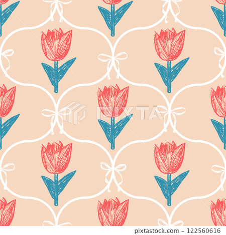 Flowers with bow crayon drawn seamless pattern. Floral coquette allover background. Damask botanic repeat backdrop. Surface pattern design spring ogee motif. Vector hand drawn illustration 122560616