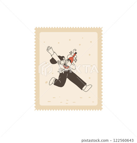 Woman run with wine bottle on postage stamp. Tasting event square perforated edges emblem. Party with alcohol drinks. Person visit a vineyard. Vector hand drawn doodle illustration 122560643