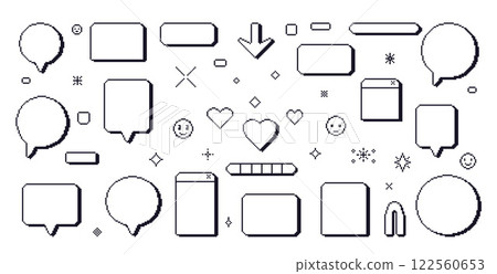 Pixel art speech bubbles. 8 bit text boxes with hearts, arrow and sparkles. Rectangle and round chat frames. Dialog balloon icons in retro 90s style. Digital message borders. Vector set illustration 122560653
