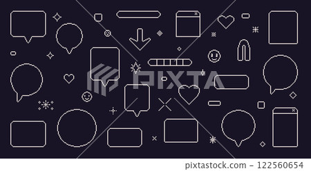 Pixel art speech bubbles. 8 bit text boxes with hearts, arrow and sparkles. Rectangle and circle line chat frames. Dialog balloon icons in retro 90s style. Digital messages. Vector set illustration 122560654