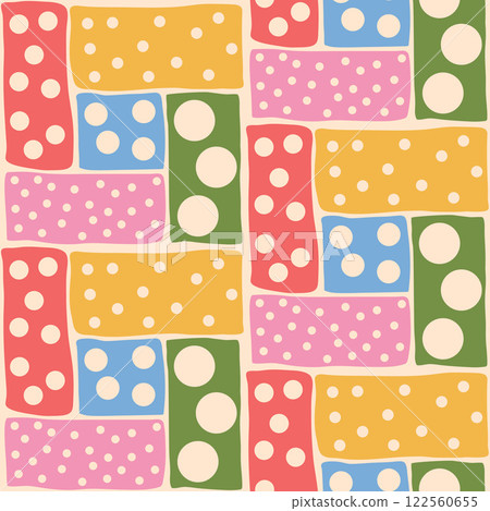 Polka dots seamless pattern. Circle confetti endless background. Birthday round elements repeat cover. Colorful chaotic spots continuous ornament. Surface design festive motif. Vector illustration 122560655