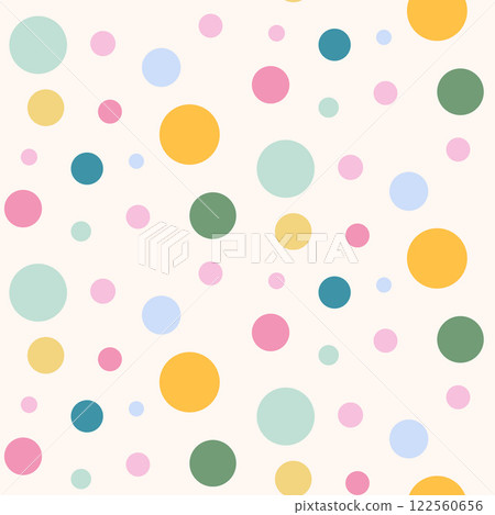 Polka dots seamless pattern. Circle confetti endless background. Birthday round elements repeat cover. Colorful chaotic spots continuous ornament. Surface design festive motif. Vector illustration 122560656