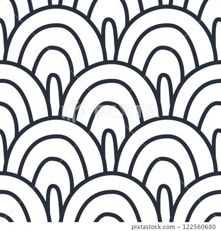 Sea scallop seamless pattern. Ocean wave endless background. Simple arch repeat cover. Seigaiha oriental continuous ornament. Surface pattern line design motif. Vector hand drawn flat illustration 122560680