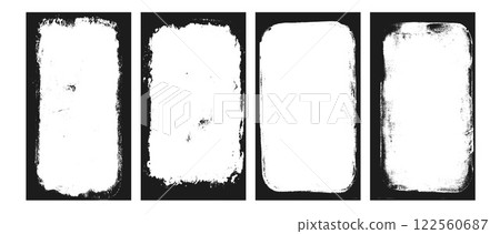 Photo grunge frames stories set template. Ink paint rolled with edges border for social media poster. Retro textured overlays. Rectangular old black cadre on white background. Vector illustration. Photo grunge frames stories set template. Ink paint rolled with edges border for social media poster. Retro textured overlays. Rectangular old black cadre on white background. Vector illustration. 122560687