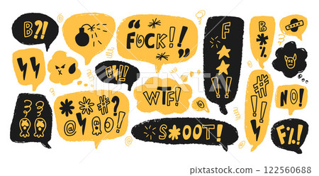 Negative emotion. Speech bubbles with swear words. Curse crayon doodle text. Bad expression on chat dialog boxes. Aggressive swearwords isolated on white background. Vector hand drawn illustration 122560688