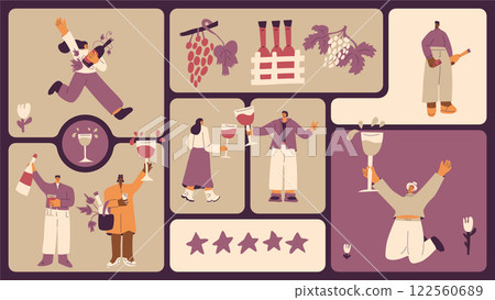 Wine club. People tasting beverages on bento grid box background. Rating event on modular mosaic grid. Party with alcohol drinks. Women and men with wineglasses visit a vineyard. Vector illustration 122560689