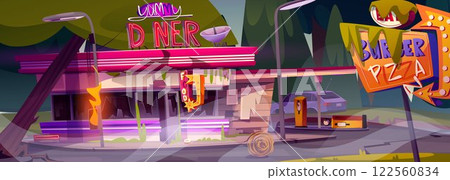 Abandoned destroyed cartoon diner cafe 122560834