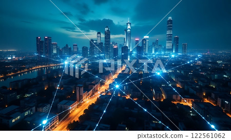 Futuristic Cityscape with Neon Lights at Night Futuristic Cityscape with Neon Lights at Night 122561062