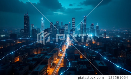 Futuristic Cityscape with Neon Lights at Night 122561064