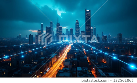 Futuristic Cityscape with Neon Lights at Night 122561065