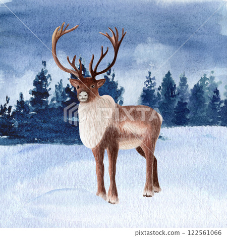 Reindeer in a snowy landscape with forest in background watercolor illustration. High quality hand drawn art perfect for cards, posters, books, home decor, for children products. Winter clip art 122561066