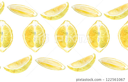 Lemon half fruit and two slices watercolor seamless horizontal border isolated on white. High quality hand drawn art for food design, recipe, cook book, packages, menu, food ads, label, logo and decor 122561067