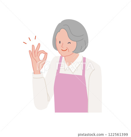 一位穿著圍裙的老年婦女微笑著用手做出「OK」的手勢 122561399