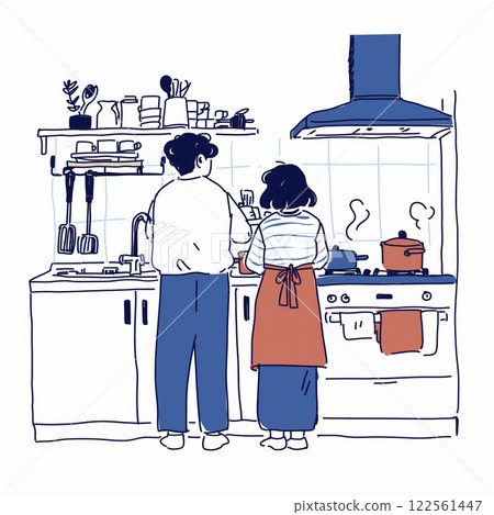 Two people cooking together in the kitchen 122561447