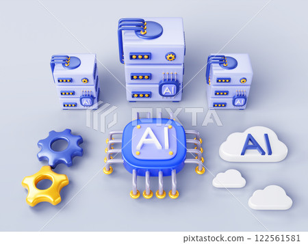 3d Artificial intelligence technology banner. AI computer server, cloud computing, microchip render blue background. Machine learning, big data, infrastructure cloud platform service. 3D illustration 3d Artificial intelligence technology banner. AI computer server, cloud computing, microchip render blue background. Machine learning, big data, infrastructure cloud platform service. 3D illustration 122561581