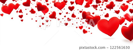 Many floating or flying red hearts isolated on white background. Valentine's Day concept, festive banner, generative ai 122561630