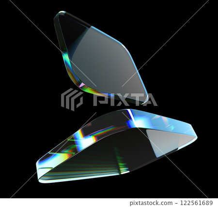 3d crystal light rainbow holographic glass square plate shapes on black background. Abstract geometric transparent cube figures, prism iridescent gradient texture, digital tech banner. 3D illustration 122561689