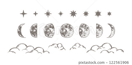 Moon phases, stars and clouds, simple hand-drawn celestial bodies, stylish decorative illustration set, night sky Moon phases, stars and clouds, simple hand-drawn celestial bodies, stylish decorative illustration set, night sky 122561906
