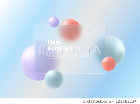 Website landing page template in glass morphism style. Frosted glass partition with floating spheres. Website landing page template in glass morphism style. Frosted glass partition with floating spheres. 122562134