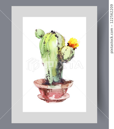 Large cactus with flower in home flowerpot with clay on wall art. Watercolor artwork Large cactus with flower in home flowerpot with clay on wall art. Watercolor artwork 122562209