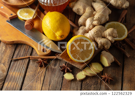 Ingredients for preparing ginger tea. 122562329