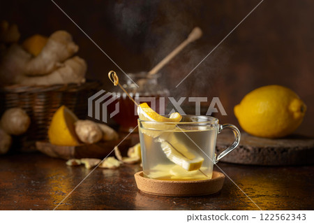 Ginger tea with lemon and honey. Ginger tea with lemon and honey. 122562343