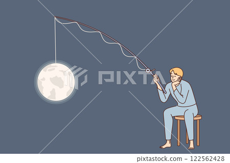 Man sleeps and smiles, holding fishing rod with moon on hook, sitting on toilet. 122562428