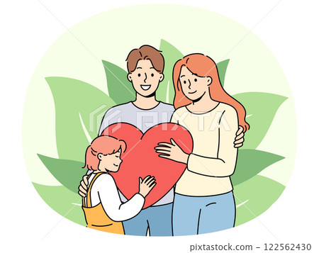 Strong family of loving parents and little pre-teen girl hug and hold big heart. 122562430