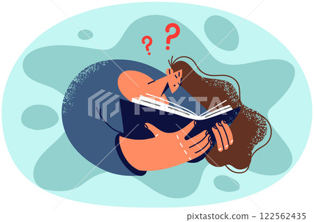 Confused woman reading book Confused woman reading book 122562435