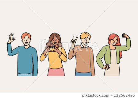 Gestures of agreement and approval are demonstrated by multiracial people, sign of solidarity 122562450